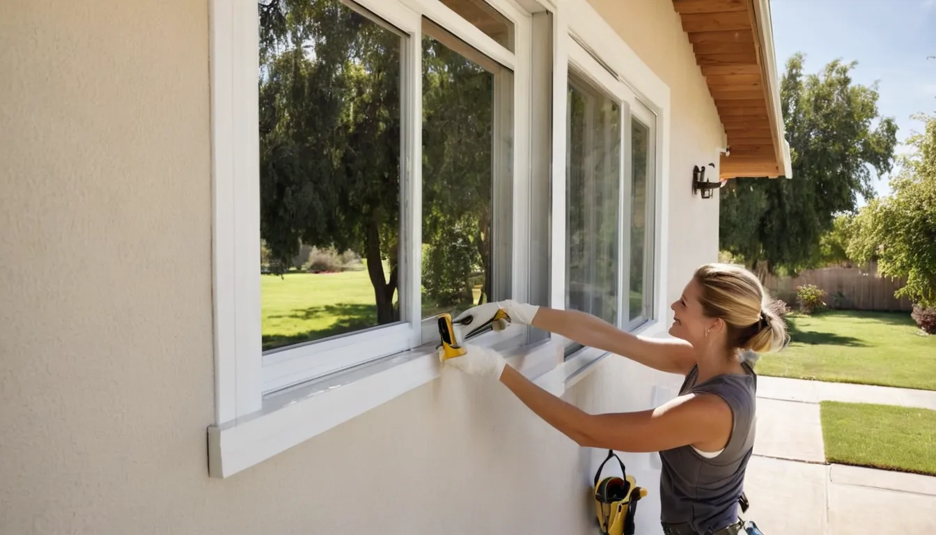 Provider installing a new window in a stucco ranch home near Vallejo while a homeowner looks on